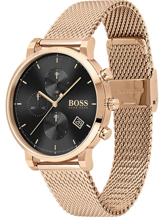 Angle shot of Hugo Boss Chronograph 1513808 Black Dial Rose Gold Stainless Steel Unisex Watch on white background