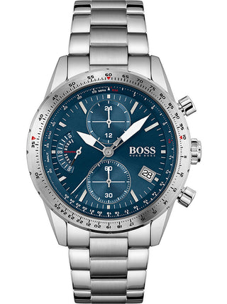 Front view of Hugo Boss Pilot Edition Chronograph 1513850 Blue Dial Silver Stainless Steel Mens Watch on white background