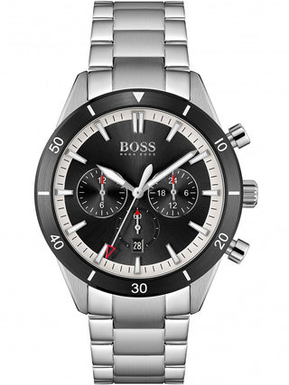 Front view of Hugo Boss Chronograph 1513862 Black Dial Silver Stainless Steel Unisex Watch on white background