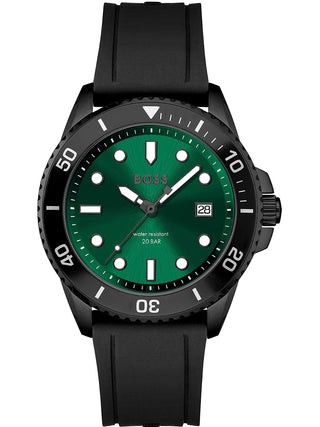 Front view of Hugo Boss 1513915 Green Dial Black Silicone Unisex Watch on white background