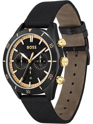 Angle shot of Hugo Boss Chronograph 1513935 Black Leather Unisex Watch on white background