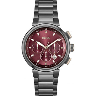 Front view of Hugo Boss Grey Chronograph 1514000 Red Dial Stainless Steel Mens Watch on white background