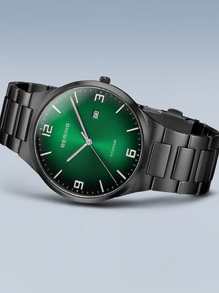 Angle shot of Bering 15240-728 Green Dial Black Titanium Unisex Watch on white background