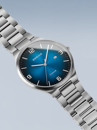 Angle shot of Bering 15240-777 Blue Dial Silver Titanium Unisex Watch on white background