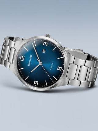 Angle shot of Bering 15240-777 Blue Dial Silver Titanium Unisex Watch on white background