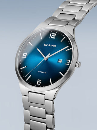 Angle shot of Bering 15240-777 Blue Dial Silver Titanium Unisex Watch on white background