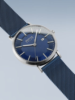 Angle shot of Bering 15439-307 Blue Stainless Steel Unisex Watch on white background