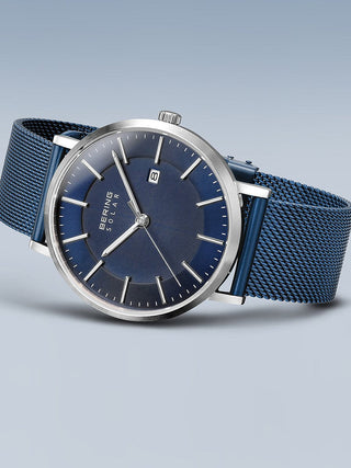 Angle shot of Bering 15439-307 Blue Stainless Steel Unisex Watch on white background