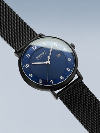 Angle shot of Bering 15439-327 Blue Dial Black Stainless Steel Unisex Watch on white background