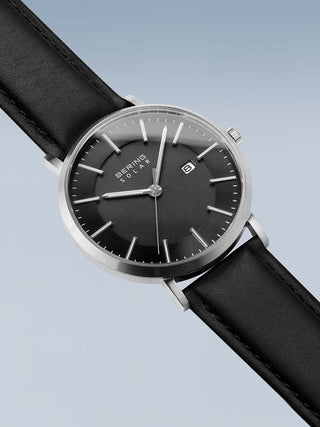 Angle shot of Bering 15439-402 Black Leather Unisex Watch on white background