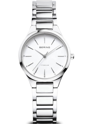 Front view of Bering 15630-704 White Dial Silver Titanium Womens Watch on white background
