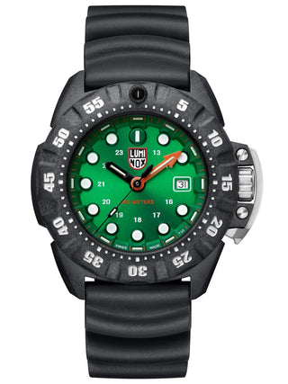 Angle shot of Luminox XS.1567 Green Dial Black Strap Unisex Watch on white background