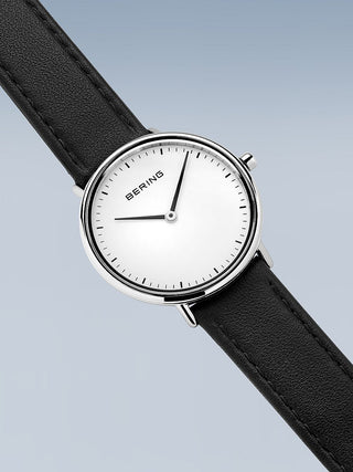 Angle shot of Bering 15729-404 White Dial Black Leather Womens Watch on white background