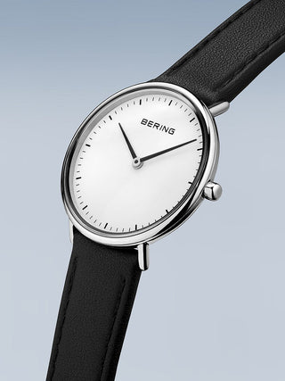 Angle shot of Bering 15729-404 White Dial Black Leather Womens Watch on white background