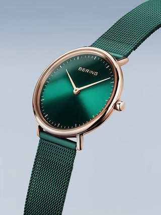 Angle shot of Bering 15729-868 Green Stainless Steel Womens Watch on white background