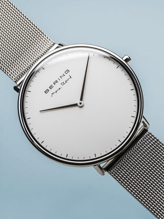 Angle shot of Bering 15738-004 White Dial Silver Stainless Steel Unisex Watch on white background