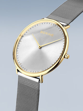 Angle shot of Bering 15739-010 Gold Dial Silver Stainless Steel Unisex Watch on white background