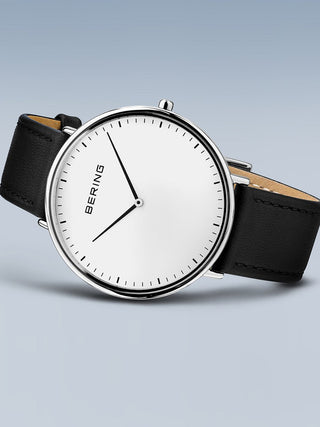 Angle shot of Bering 15739-404 White Dial Black Leather Unisex Watch on white background