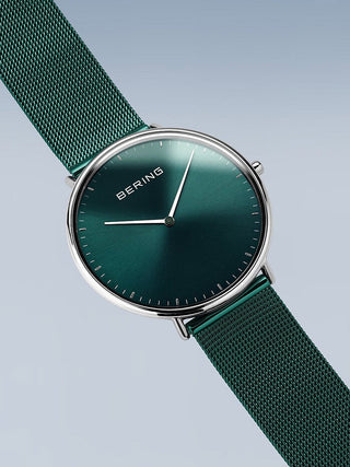 Angle shot of Bering 15739-808 Green Stainless Steel Unisex Watch on white background