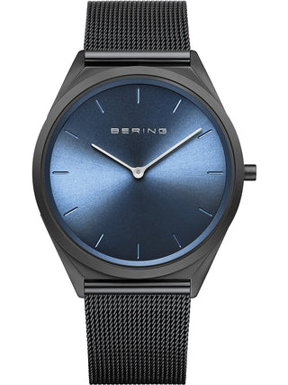 Front view of Bering 17039-227 Blue Dial Black Stainless Steel Unisex Watch on white background