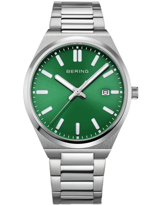Front view of Bering 17639-708 Green Dial Silver Stainless Steel Unisex Watch on white background