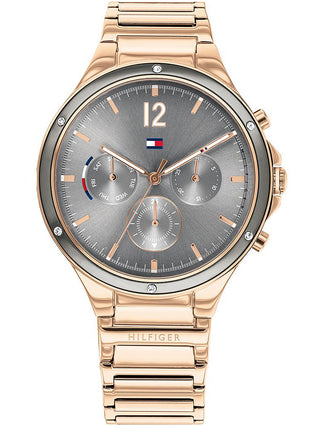 Front view of Tommy Hilfiger 1782277 Grey Dial Rose Gold Stainless Steel Womens Watch on white background