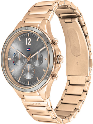 Angle shot of Tommy Hilfiger 1782277 Grey Dial Rose Gold Stainless Steel Womens Watch on white background