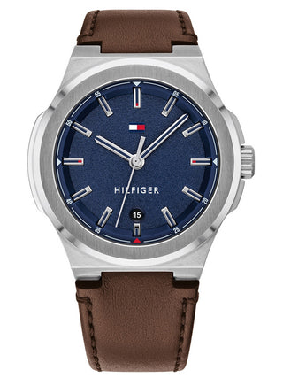 Angle shot of Tommy Hilfiger 1791645 Blue Dial Brown Leather Unisex Watch on white background