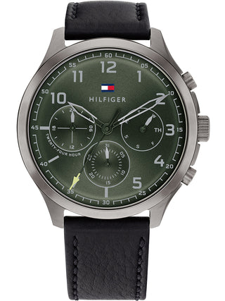 Front view of Tommy Hilfiger 1791856 Green Dial Black Leather Unisex Watch on white background