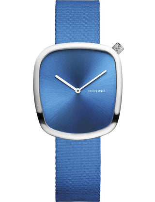 Front view of Bering 18034-308 Blue Textile Womens Watch on white background