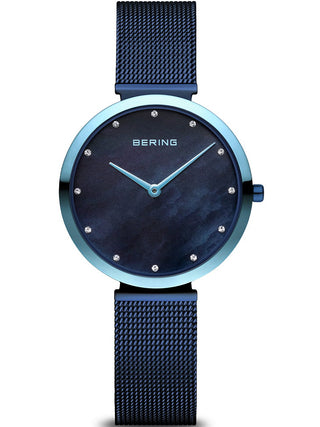 Front view of Bering 18132-398 Blue Stainless Steel Womens Watch on white background