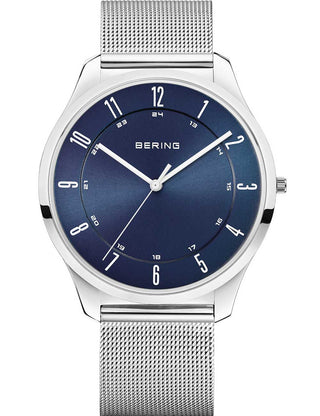 Front view of Bering 18340-307 Blue Dial Silver Stainless Steel Unisex Watch on white background