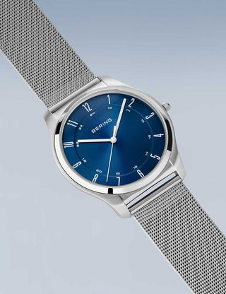 Angle shot of Bering 18340-307 Blue Dial Silver Stainless Steel Unisex Watch on white background