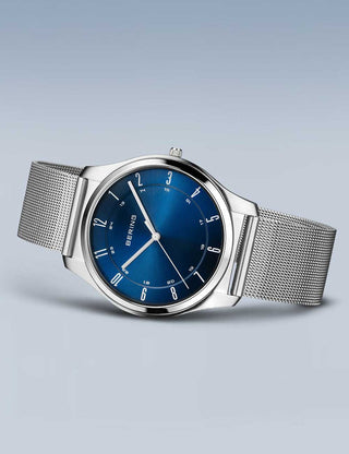 Angle shot of Bering 18340-307 Blue Dial Silver Stainless Steel Unisex Watch on white background