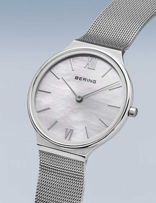 Angle shot of Bering 18434-000 Mother Of Pearl Dial Silver Stainless Steel Womens Watch on white background