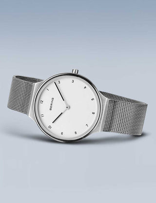 Angle shot of Bering 18434-004 White Dial Silver Stainless Steel Womens Watch on white background