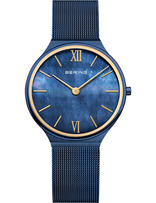 Front view of Bering 18434-397 Blue Stainless Steel Womens Watch on white background