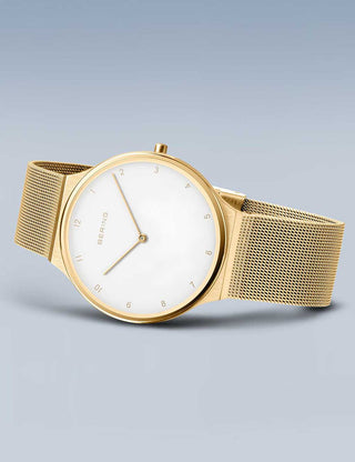 Angle shot of Bering 18440-334 White Dial Gold Stainless Steel Unisex Watch on white background