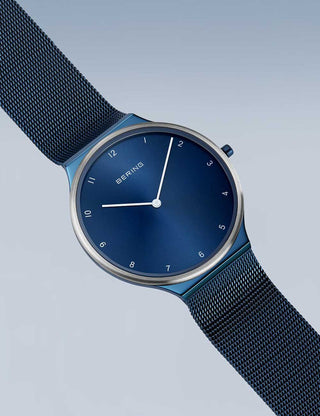 Angle shot of Bering 18440-397 Blue Stainless Steel Unisex Watch on white background