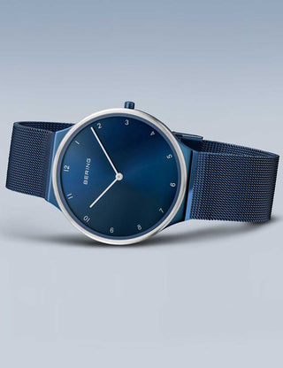 Angle shot of Bering 18440-397 Blue Stainless Steel Unisex Watch on white background