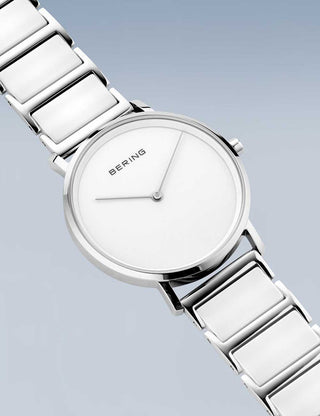 Angle shot of Bering 18535-754 White Dial Silver Strap Womens Watch on white background