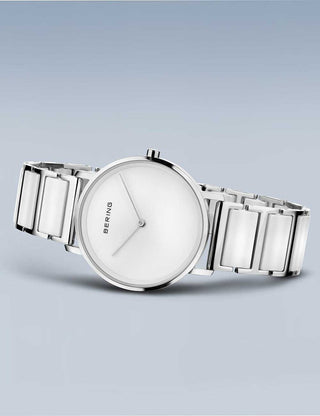 Angle shot of Bering 18535-754 White Dial Silver Stainless Steel Womens Watch on white background