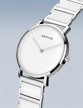 Angle shot of Bering 18535-754 White Dial Silver Stainless Steel Womens Watch on white background