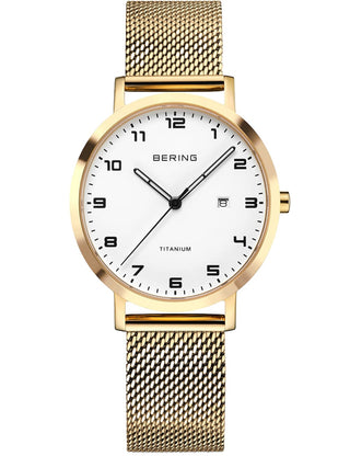 Front view of Bering 18634-334 White Dial Gold Stainless Steel Womens Watch on white background