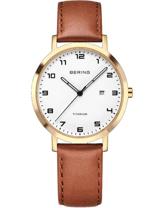 Front view of Bering 18634-534 White Dial Brown Leather Womens Watch on white background