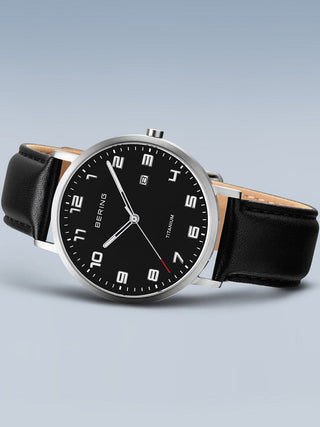 Angle shot of Bering 18640-402 Black Leather Unisex Watch on white background