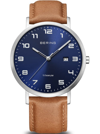 Front view of Bering 18640-567 Blue Dial Brown Leather Unisex Watch on white background