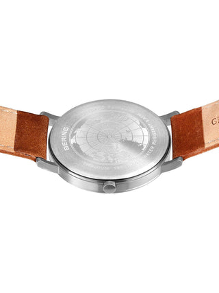 Angle shot of Bering 18640-567 Blue Dial Brown Leather Unisex Watch on white background