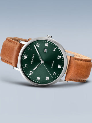 Angle shot of Bering 18640-568 Green Dial Brown Leather Unisex Watch on white background