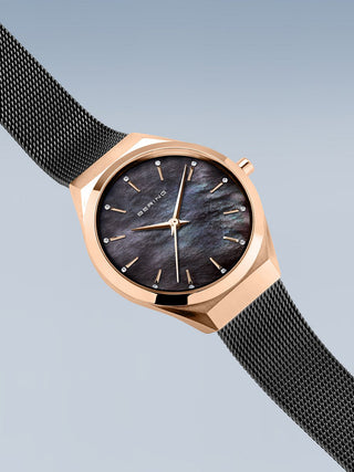 Angle shot of Bering 18729-166 Mother Of Pearl Dial Black Stainless Steel Womens Watch on white background